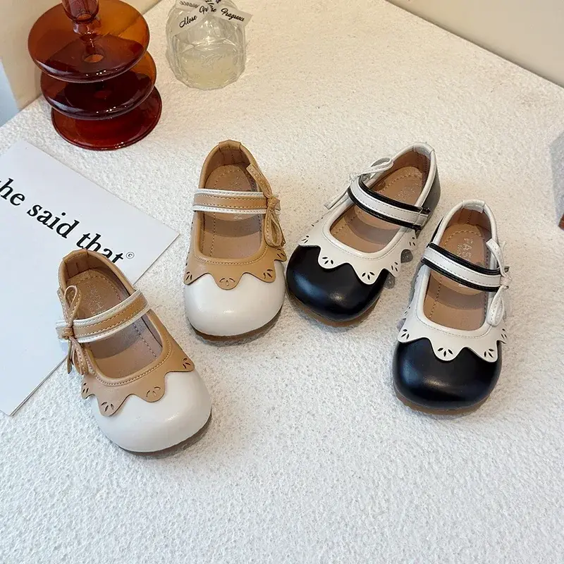 Kids Princess Shoes Round Toes Non-slip Girls Leather Shoes Soft Sole Ins Trendy 2025 New Children Flats Side Bows Sweet Cute