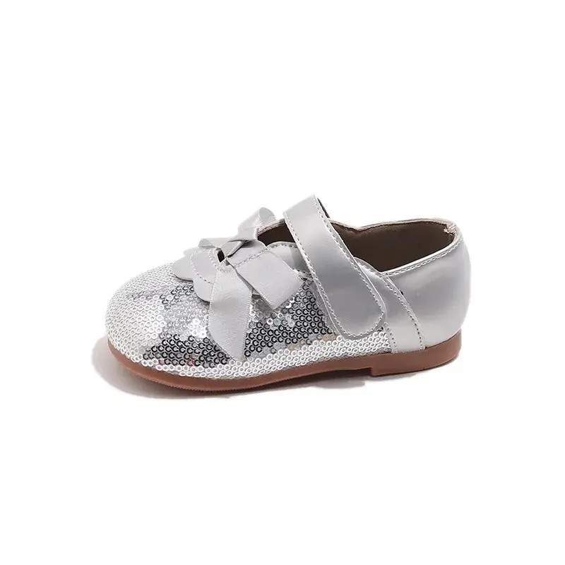 Girls Dance Shoes Shiny Sequins Ribbon Bows Kids Princess Shoes Non-slip Soft Sole 2025 New Children Flat Shoes Round Toes Ins