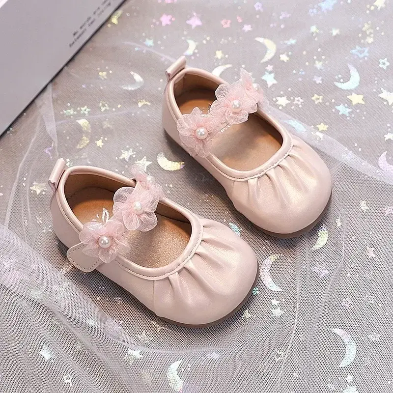 Baby Leather Shoes Pleated Girls Walking Shoes Lace Flowers Sweet 2025 New Fashion Toddler Princess Shoes Soild Color Versatile