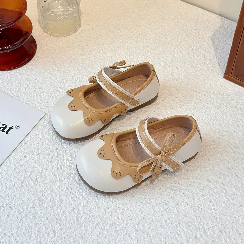 Kids Princess Shoes Round Toes Non-slip Girls Leather Shoes Soft Sole Ins Trendy 2025 New Children Flats Side Bows Sweet Cute