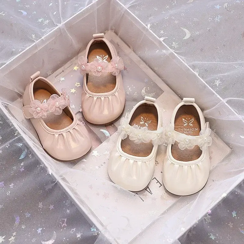 Baby Leather Shoes Pleated Girls Walking Shoes Lace Flowers Sweet 2025 New Fashion Toddler Princess Shoes Soild Color Versatile