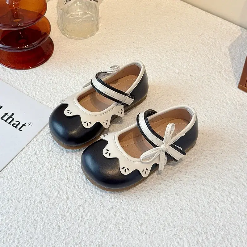 Kids Princess Shoes Round Toes Non-slip Girls Leather Shoes Soft Sole Ins Trendy 2025 New Children Flats Side Bows Sweet Cute