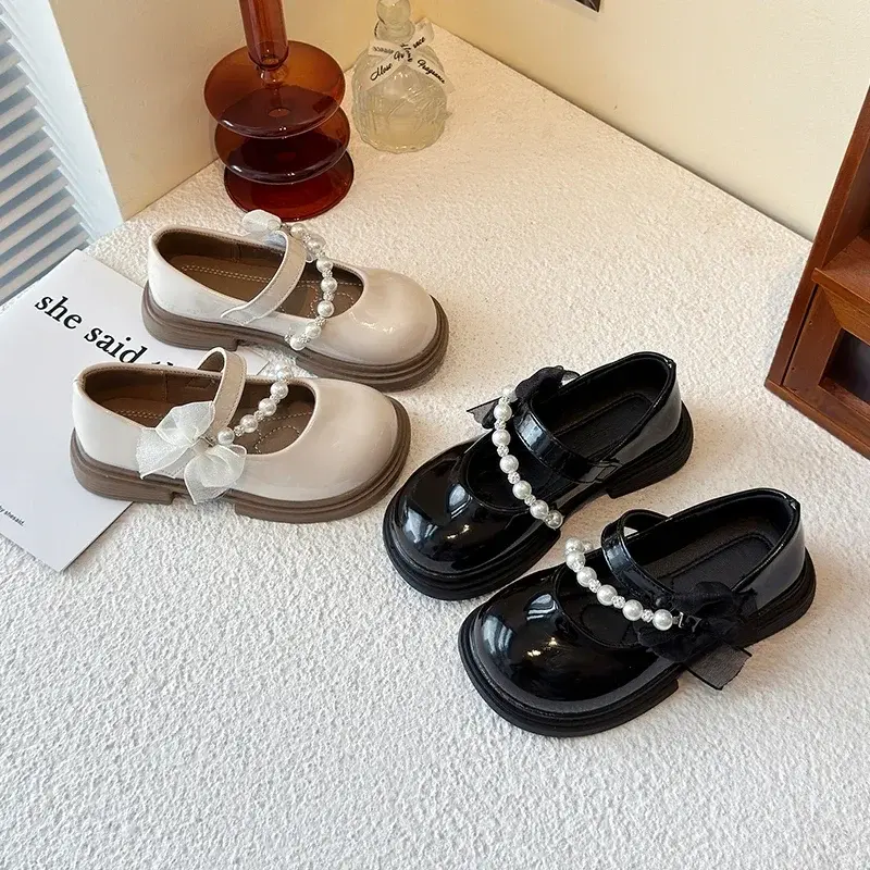 Girls Leather Shoes Round Toes Mesh Lace Bows Kids Flats Beads 2025 New Children Princess Shoes Black Glossy Ins Trendy Sweet