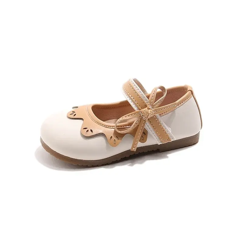 Kids Princess Shoes Round Toes Non-slip Girls Leather Shoes Soft Sole Ins Trendy 2025 New Children Flats Side Bows Sweet Cute