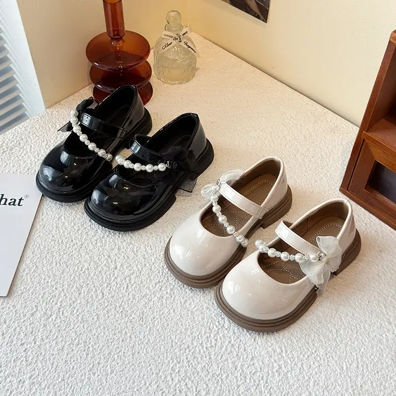 Girls Leather Shoes Round Toes Mesh Lace Bows Kids Flats Beads 2025 New Children Princess Shoes Black Glossy Ins Trendy Sweet