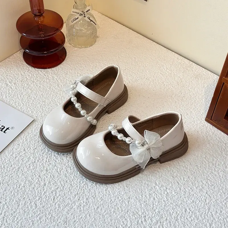 Girls Leather Shoes Round Toes Mesh Lace Bows Kids Flats Beads 2025 New Children Princess Shoes Black Glossy Ins Trendy Sweet
