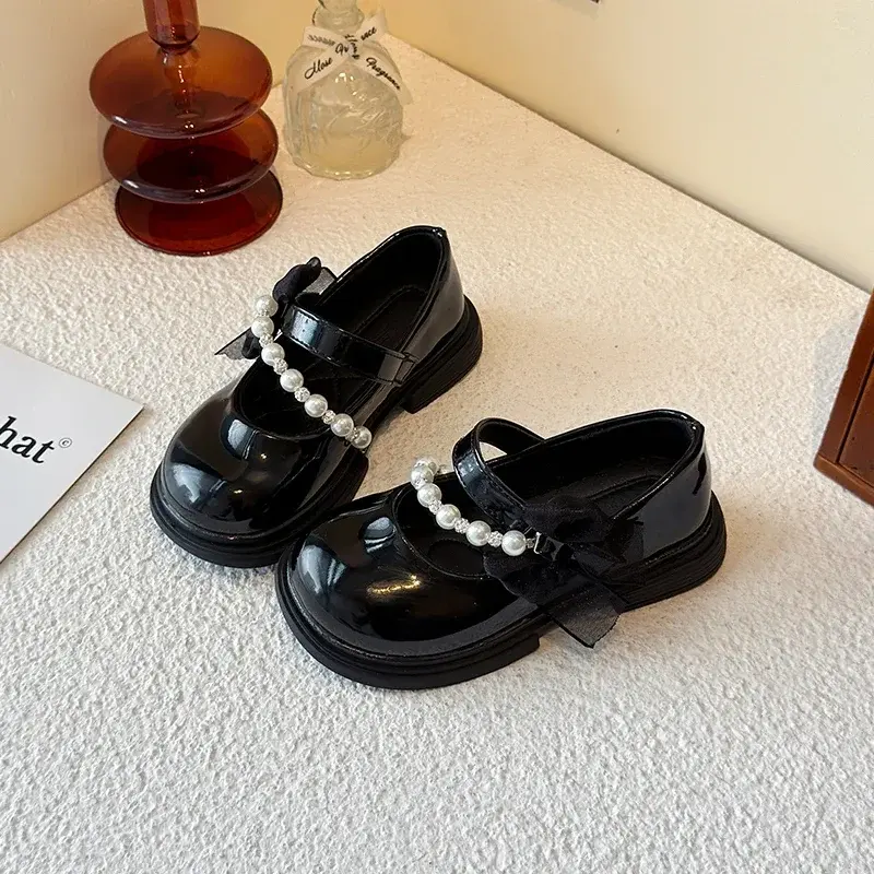 Girls Leather Shoes Round Toes Mesh Lace Bows Kids Flats Beads 2025 New Children Princess Shoes Black Glossy Ins Trendy Sweet