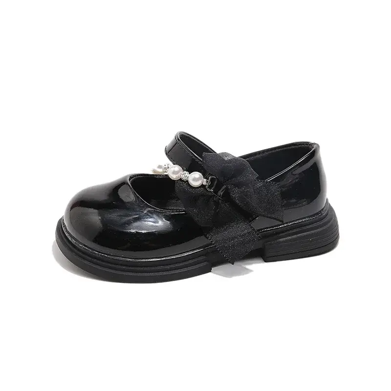 Girls Leather Shoes Round Toes Mesh Lace Bows Kids Flats Beads 2025 New Children Princess Shoes Black Glossy Ins Trendy Sweet