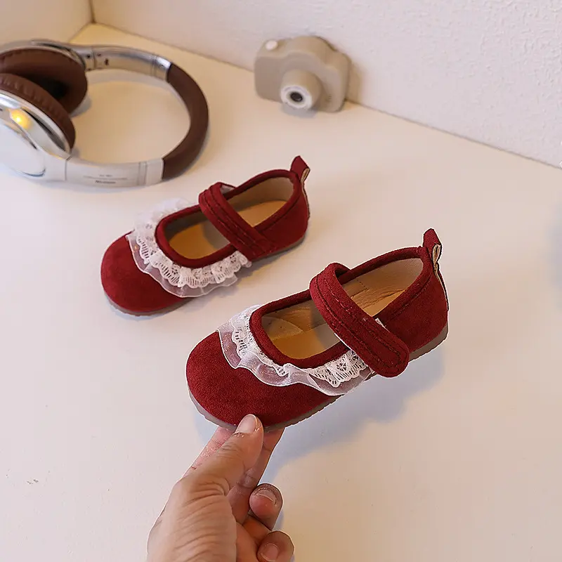 Spring Autumn Children's Leather Shoes Retro Style Princess Shoes for Girls Sweet Lace Pleated Kids Fashion Causal Flat Shoes