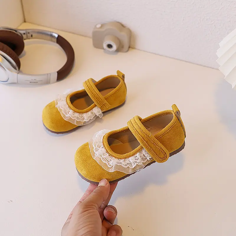Spring Autumn Children's Leather Shoes Retro Style Princess Shoes for Girls Sweet Lace Pleated Kids Fashion Causal Flat Shoes