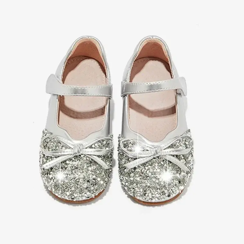 Girls Dance Shoes Shiny Sequins Kids Princess Shoes Round Toes Sweet 2025 New Children Flat Shoes Simple Bows Wedding Non-slip