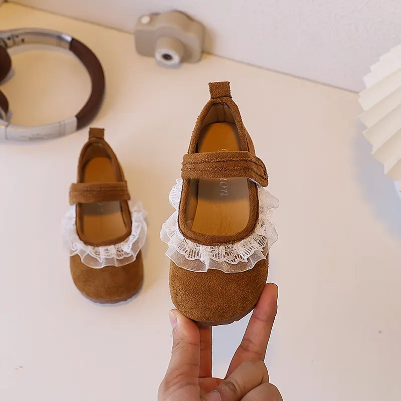 Spring Autumn Children's Leather Shoes Retro Style Princess Shoes for Girls Sweet Lace Pleated Kids Fashion Causal Flat Shoes