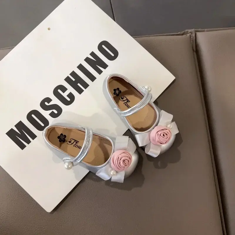 Kids Princess Shoes Round Toes Sweet Flowers Girls Flat Shoes Non-slip Hook&loop 2025 New Fashion Children Leather Shoes Elegant