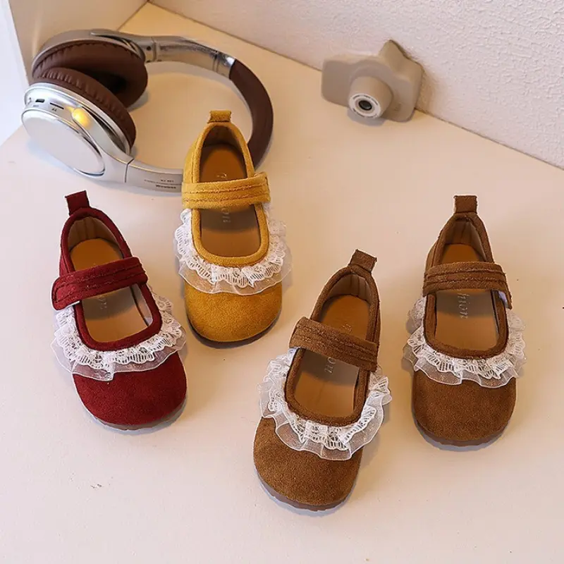 Spring Autumn Children's Leather Shoes Retro Style Princess Shoes for Girls Sweet Lace Pleated Kids Fashion Causal Flat Shoes