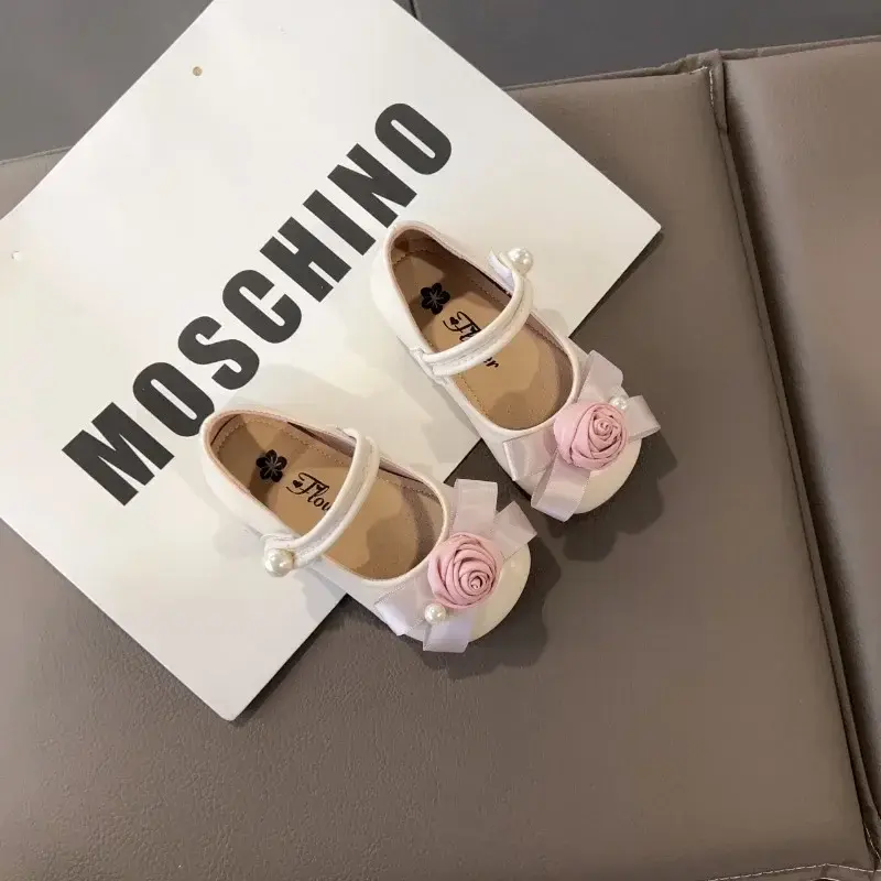 Kids Princess Shoes Round Toes Sweet Flowers Girls Flat Shoes Non-slip Hook&loop 2025 New Fashion Children Leather Shoes Elegant