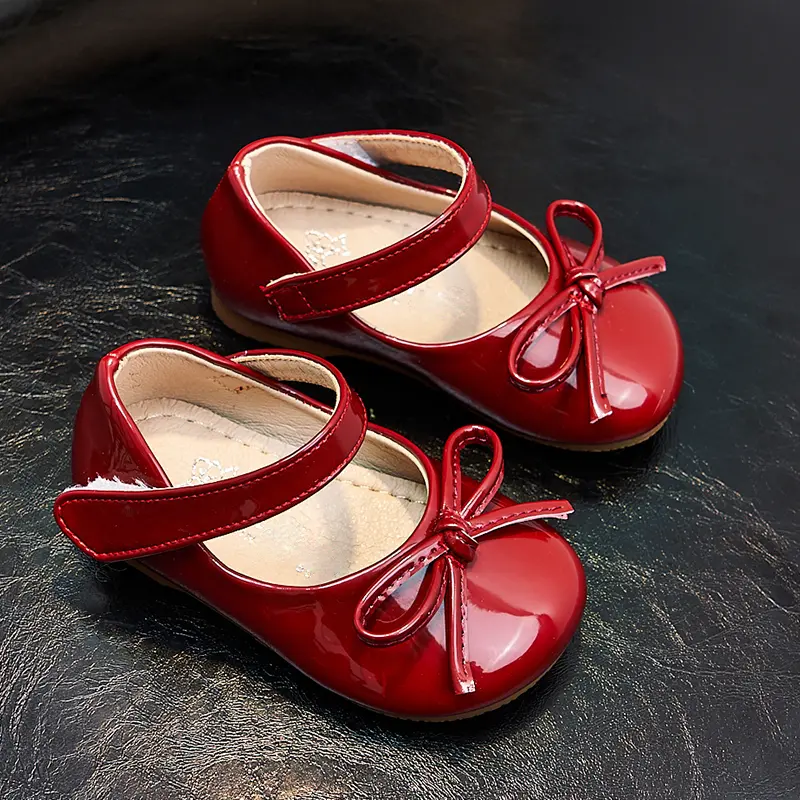 New Girls Princess Leather Shoes Wine Red School Versatile Children Fashion Flat Shoes Shallow Non-slip Kids Wedding Party Shoes