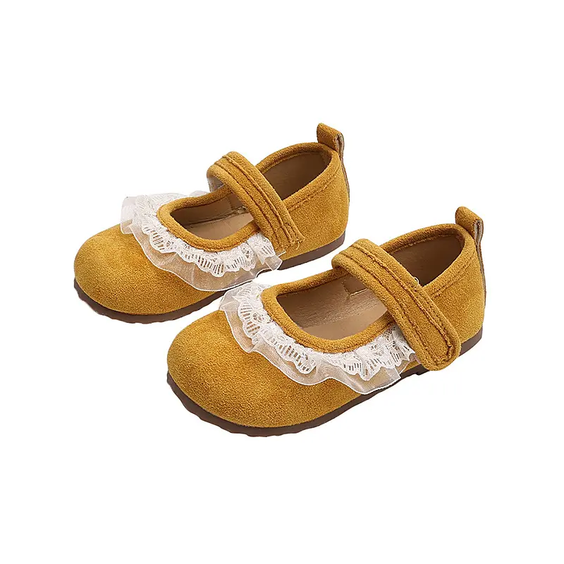Spring Autumn Children's Leather Shoes Retro Style Princess Shoes for Girls Sweet Lace Pleated Kids Fashion Causal Flat Shoes