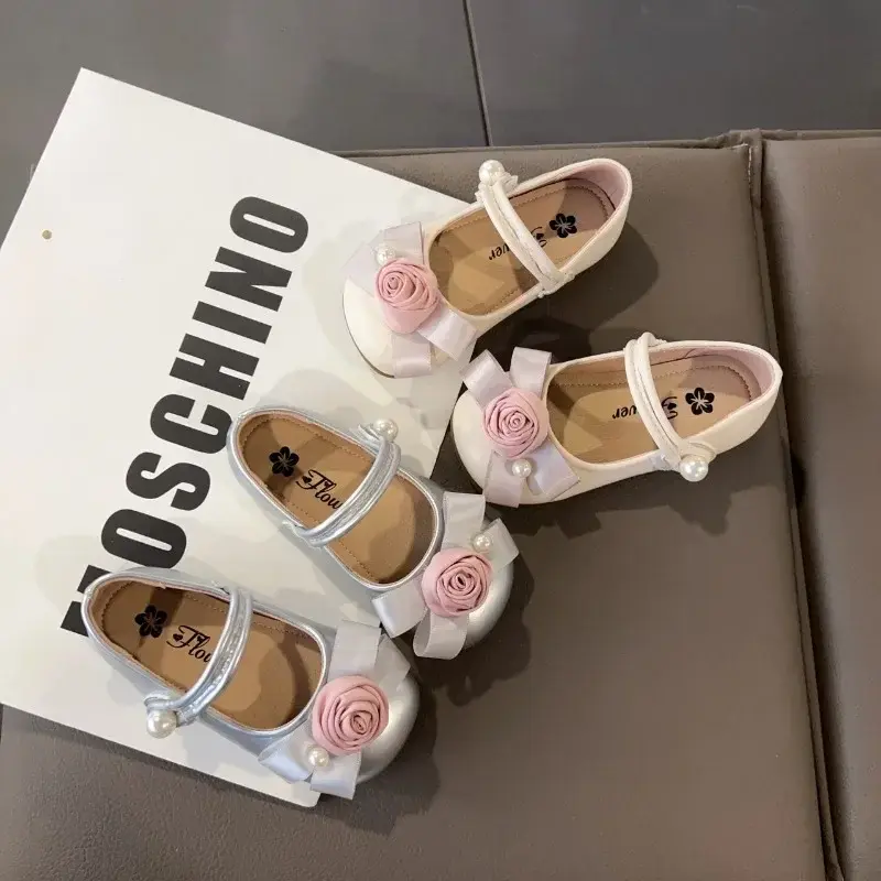 Kids Princess Shoes Round Toes Sweet Flowers Girls Flat Shoes Non-slip Hook&loop 2025 New Fashion Children Leather Shoes Elegant