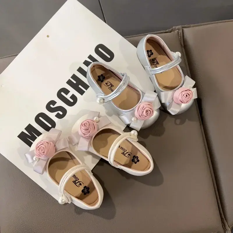 Kids Princess Shoes Round Toes Sweet Flowers Girls Flat Shoes Non-slip Hook&loop 2025 New Fashion Children Leather Shoes Elegant