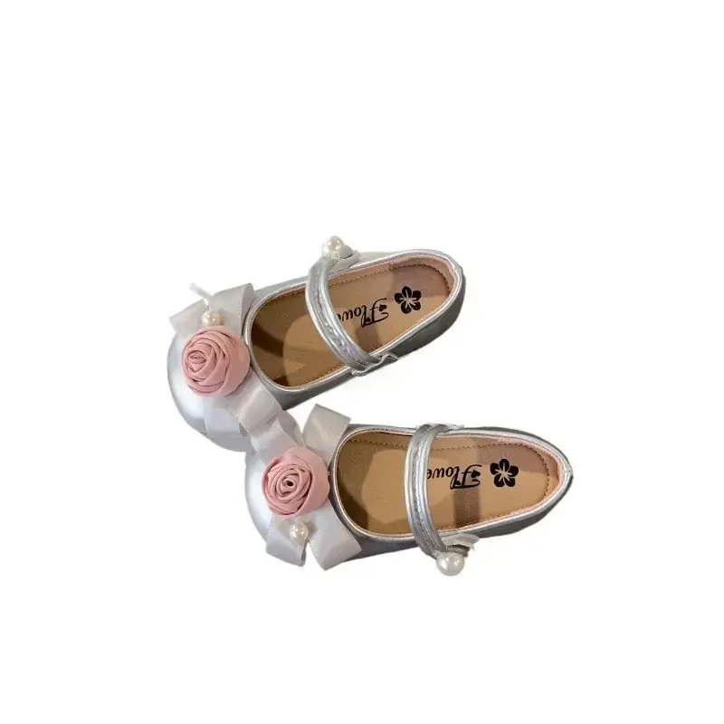 Kids Princess Shoes Round Toes Sweet Flowers Girls Flat Shoes Non-slip Hook&loop 2025 New Fashion Children Leather Shoes Elegant