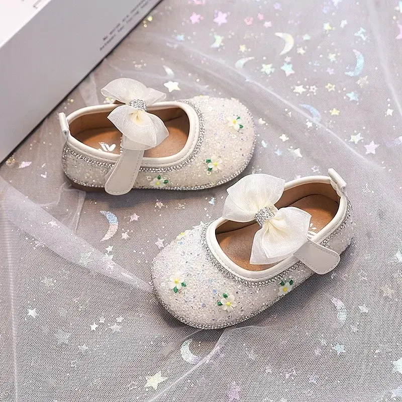 Toddler Girls Walking Shoes Shiny Sequins Big Lace Bows Kids Flats Round Toes 2025 New Fashion Baby Princess Shoes Size 16-26