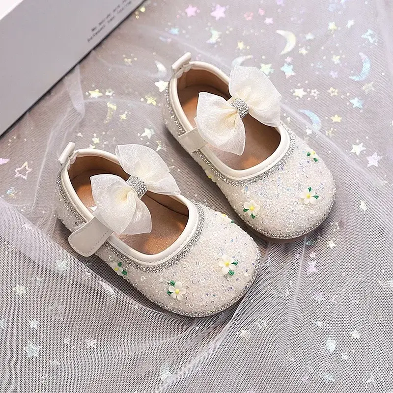 Toddler Girls Walking Shoes Shiny Sequins Big Lace Bows Kids Flats Round Toes 2025 New Fashion Baby Princess Shoes Size 16-26