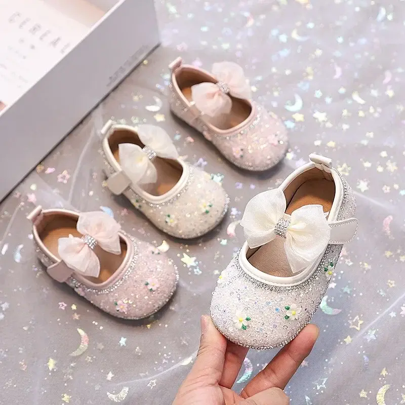 Toddler Girls Walking Shoes Shiny Sequins Big Lace Bows Kids Flats Round Toes 2025 New Fashion Baby Princess Shoes Size 16-26