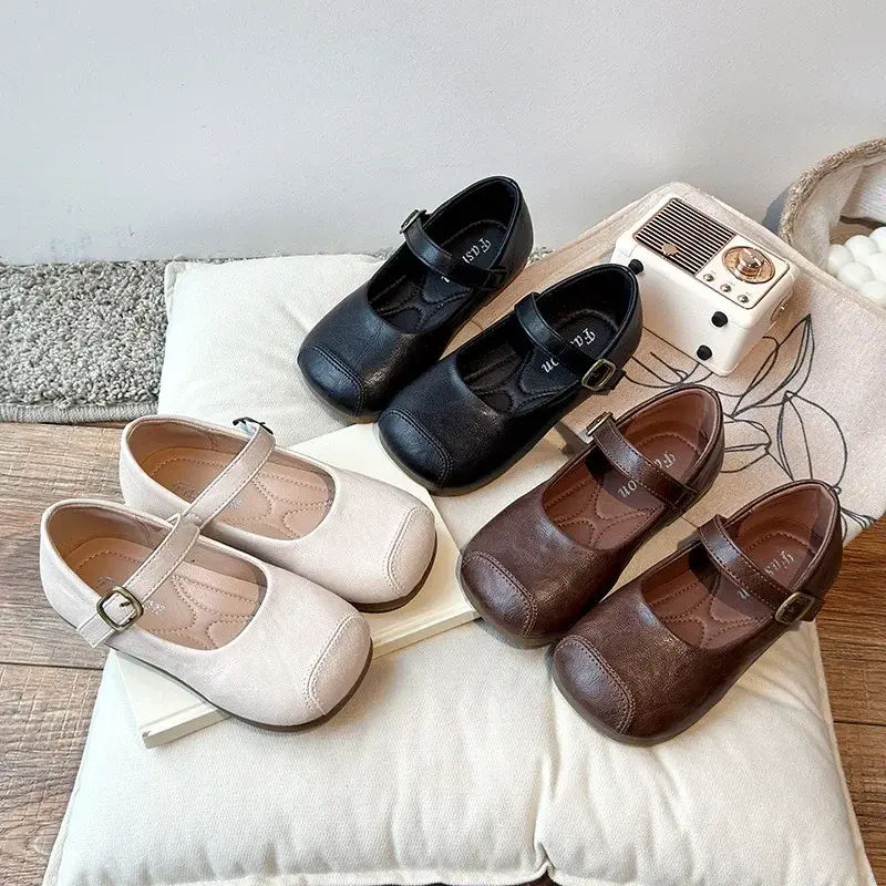 Kids Leather Shoes Retro Soild Color 2025 Spring Autumn Girls Flat Shoes Soft Sole Children Princess Shoes Casual Non-slip Ins