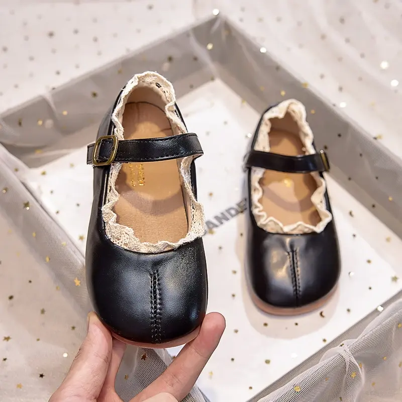 Kids MaryJanes Dance Shoes Round Toes Sweet Lace Girls Princess Shoes Black Matte 2025 Brand New Children Flat Shoes Elegant