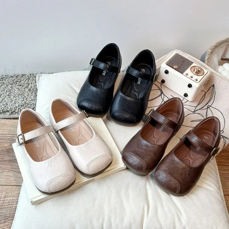 Kids Leather Shoes Retro Soild Color 2025 Spring Autumn Girls Flat Shoes Soft Sole Children Princess Shoes Casual Non-slip Ins