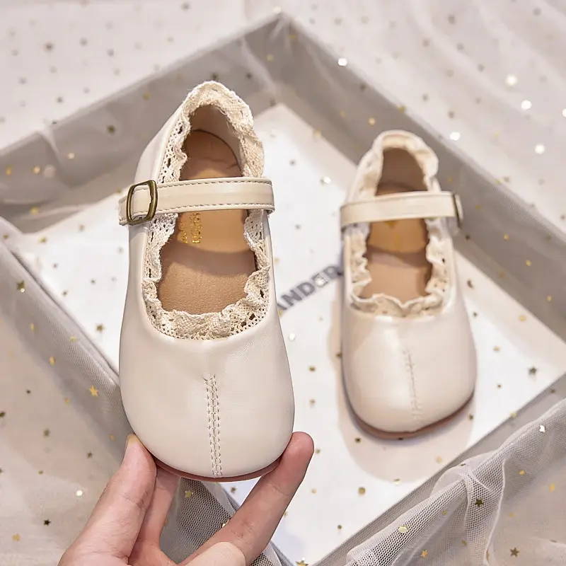 Kids MaryJanes Dance Shoes Round Toes Sweet Lace Girls Princess Shoes Black Matte 2025 Brand New Children Flat Shoes Elegant