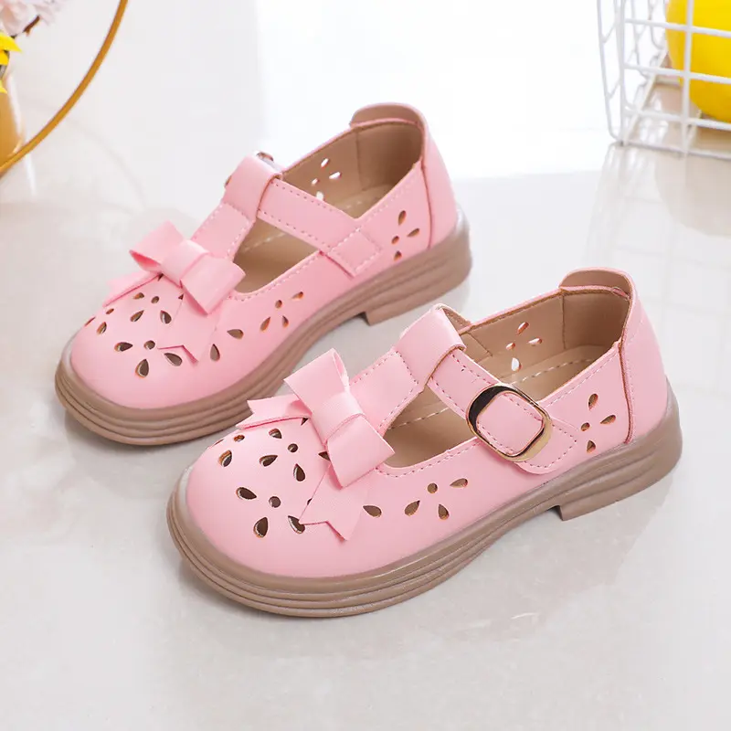 2025 New Girls Mary Jane Shoes Korean Style Soft-Sole Breathable Loafers Little Girl British Princess Bow Shoes Cut-outs T-strap