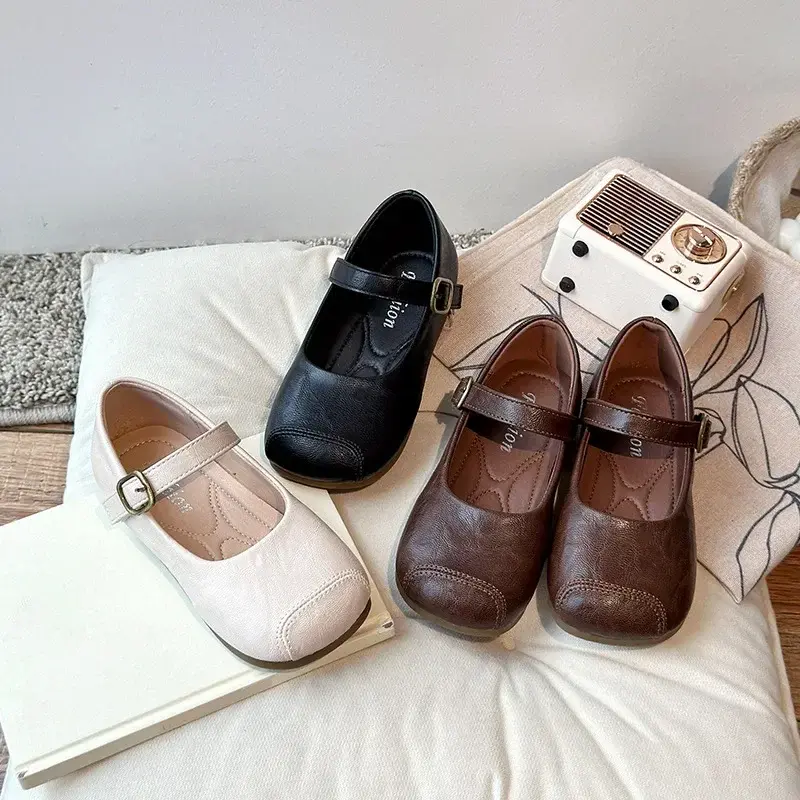Kids Leather Shoes Retro Soild Color 2025 Spring Autumn Girls Flat Shoes Soft Sole Children Princess Shoes Casual Non-slip Ins