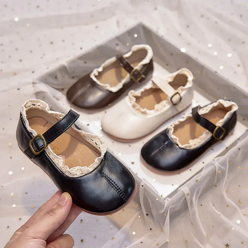 Kids MaryJanes Dance Shoes Round Toes Sweet Lace Girls Princess Shoes Black Matte 2025 Brand New Children Flat Shoes Elegant