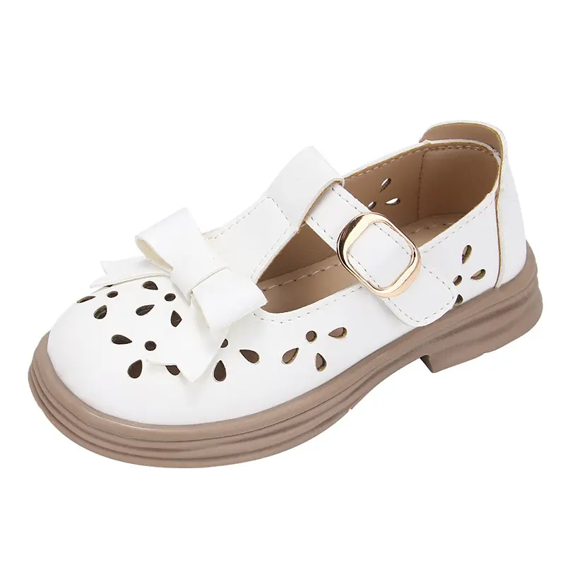 2025 New Girls Mary Jane Shoes Korean Style Soft-Sole Breathable Loafers Little Girl British Princess Bow Shoes Cut-outs T-strap