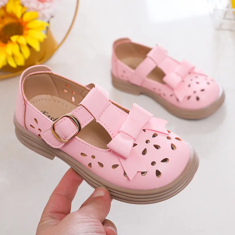2025 New Girls Mary Jane Shoes Korean Style Soft-Sole Breathable Loafers Little Girl British Princess Bow Shoes Cut-outs T-strap