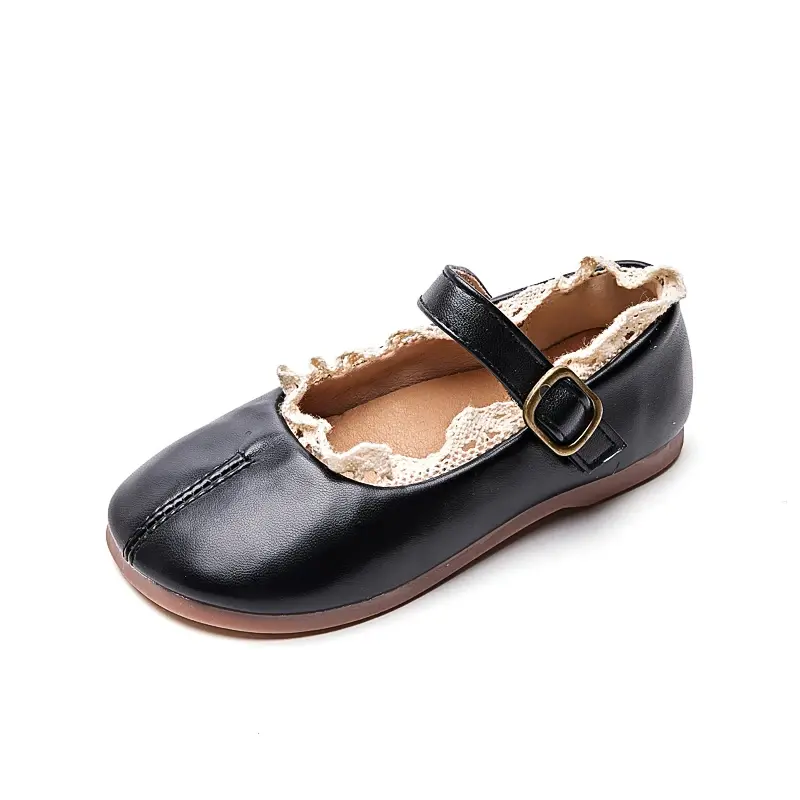 Kids MaryJanes Dance Shoes Round Toes Sweet Lace Girls Princess Shoes Black Matte 2025 Brand New Children Flat Shoes Elegant