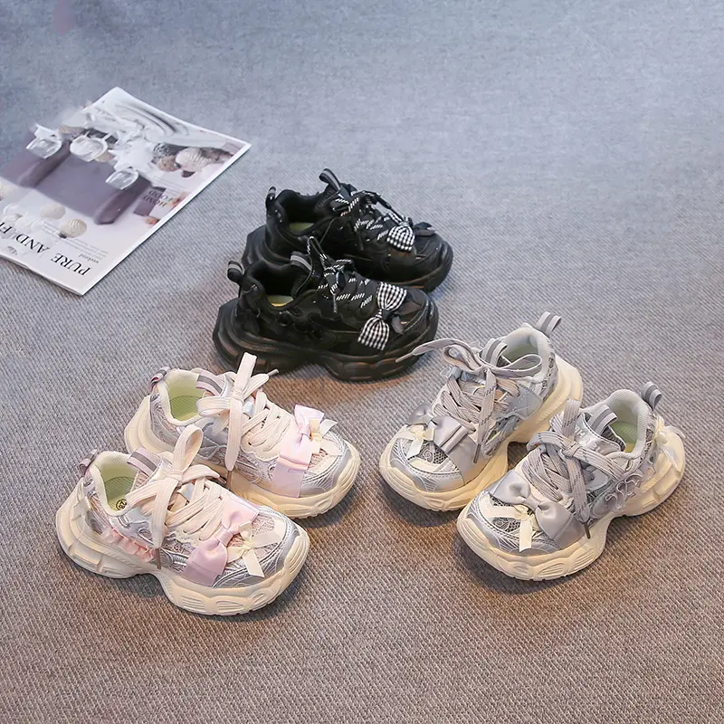 Girls Sneakers Sweet Bow Princess Style Kids Running Shoes Thick Soft Sole 2025 Autumn New Children Sports Shoes Mesh Breathable