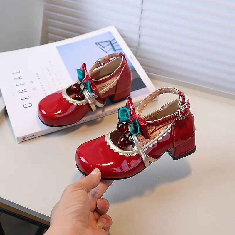 Spring Autumn Girl Leather Shoes Mary Jane Chic Bowknot Children Fashion High Heel Shoes Wedding Party Kids Princess Dress Shoes