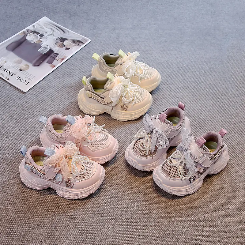 Girls Princess Sneakers Sweet Lace Beading Bows Children Sports Shoes Mesh Breathable 2025 Autumn New Kids Running Shoes Soft