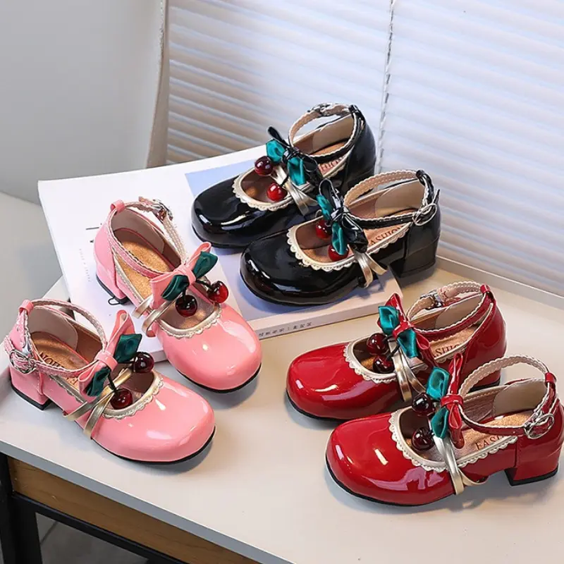 Spring Autumn Girl Leather Shoes Mary Jane Chic Bowknot Children Fashion High Heel Shoes Wedding Party Kids Princess Dress Shoes