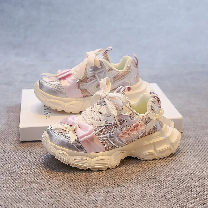 Girls Sneakers Sweet Bow Princess Style Kids Running Shoes Thick Soft Sole 2025 Autumn New Children Sports Shoes Mesh Breathable