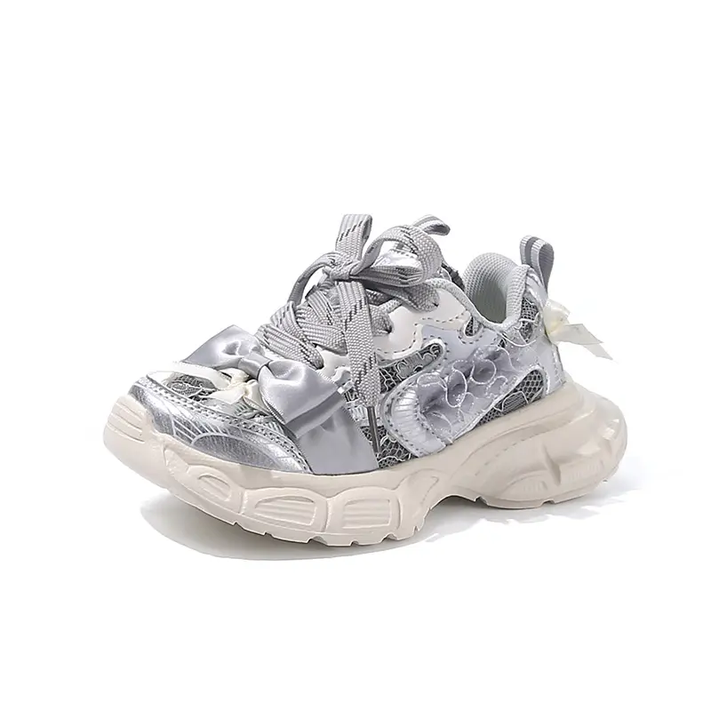 Girls Sneakers Sweet Bow Princess Style Kids Running Shoes Thick Soft Sole 2025 Autumn New Children Sports Shoes Mesh Breathable