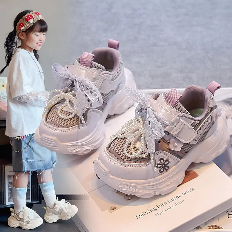 Girls Princess Sneakers Sweet Lace Beading Bows Children Sports Shoes Mesh Breathable 2025 Autumn New Kids Running Shoes Soft