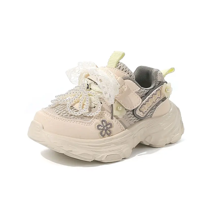 Girls Princess Sneakers Sweet Lace Beading Bows Children Sports Shoes Mesh Breathable 2025 Autumn New Kids Running Shoes Soft
