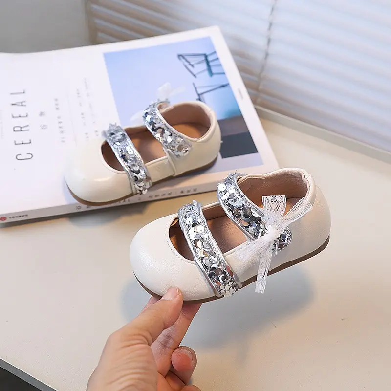 Elegant Girls Princess Leather Shoes Sequins Children's Flats Wedding Party Versatile Sweet Kids Fashion Ballet Dress Shoes New