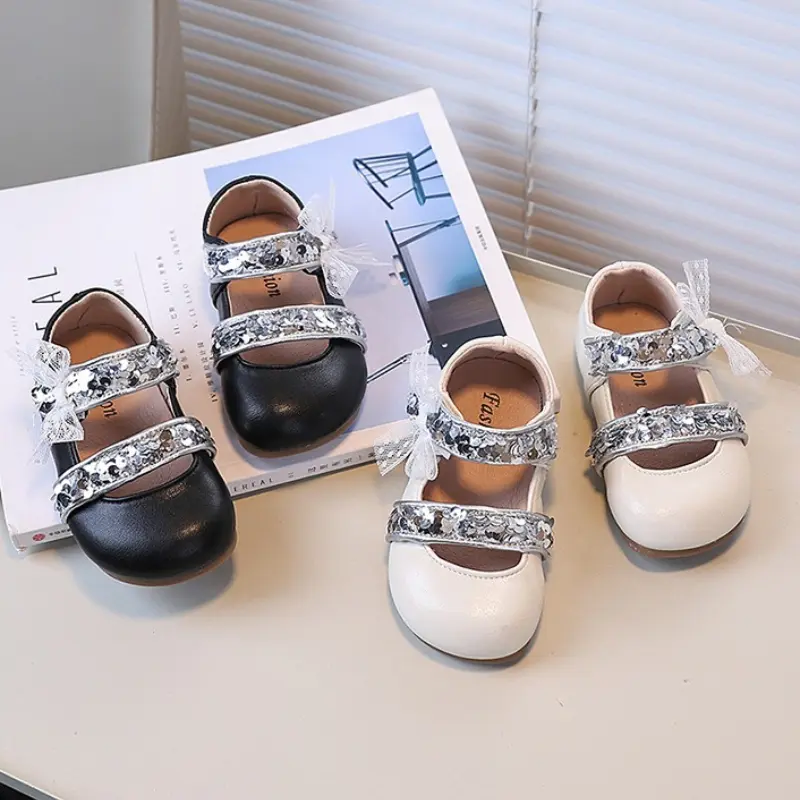 Elegant Girls Princess Leather Shoes Sequins Children's Flats Wedding Party Versatile Sweet Kids Fashion Ballet Dress Shoes New