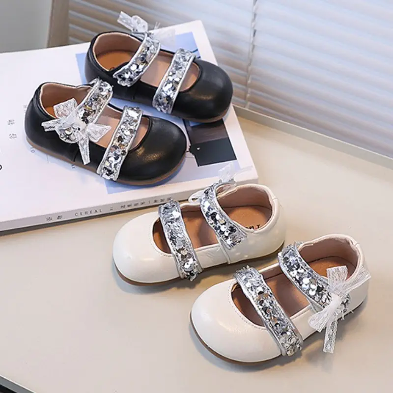Elegant Girls Princess Leather Shoes Sequins Children's Flats Wedding Party Versatile Sweet Kids Fashion Ballet Dress Shoes New