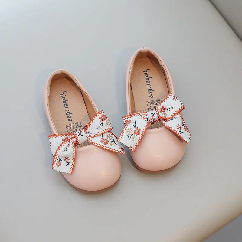 Girls Leather Shoes Soft PU Leather Kids Flats Slip-on Loafers with Ribbon Bow-knot Princess Sweet Simple Classic Size 21-34 New