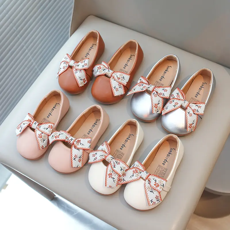 Girls Leather Shoes Soft PU Leather Kids Flats Slip-on Loafers with Ribbon Bow-knot Princess Sweet Simple Classic Size 21-34 New